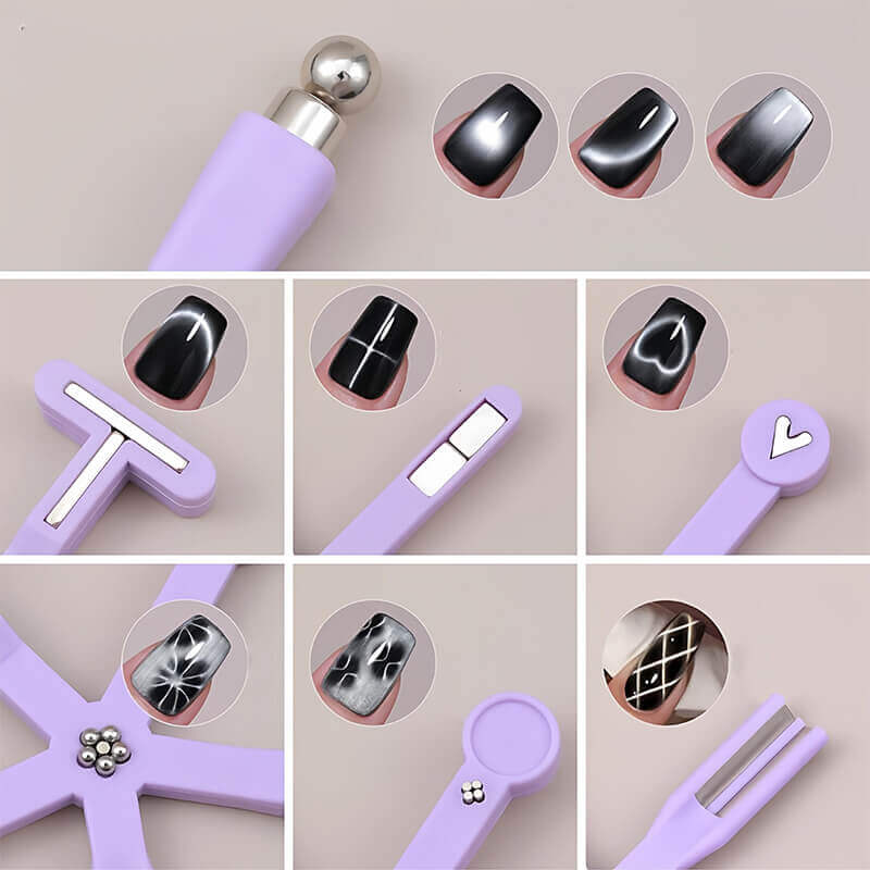 Multi-function magnetic wand designed for heart, French, plaid, and wide light cat eye designs.