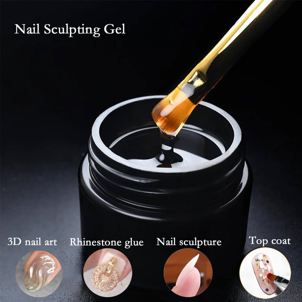 A small container of 3D nail sculpting gel with a brush applicator, showcasing its use on a nail for 3D nail art. Additional images show the gel's properties, including its application as a top coat, adhesive, and reinforcing gel.