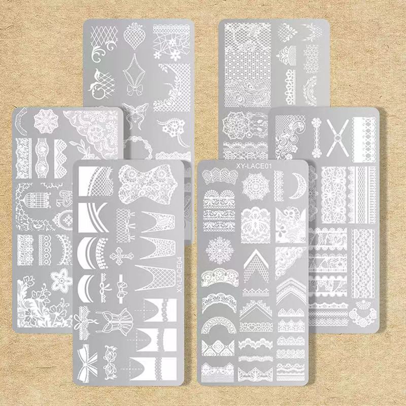 Set of six lace design stencils on a beige background