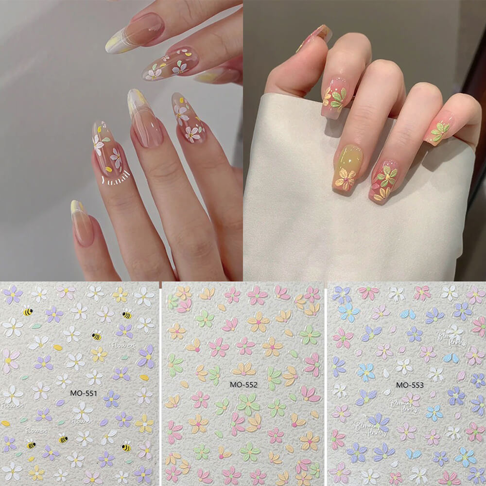Hand model wearing cute 3D flower stickers on soft yellow base for playful look
