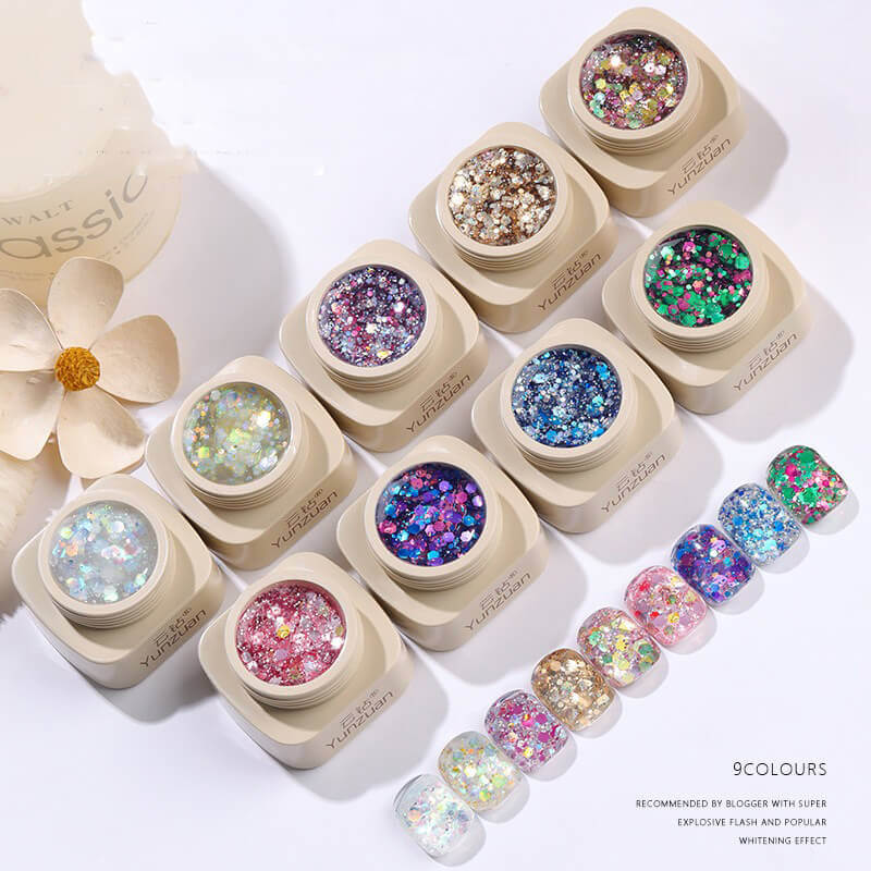 Holographic nail gel in sleek bottle showing prismatic sparkle suspended in clear base.