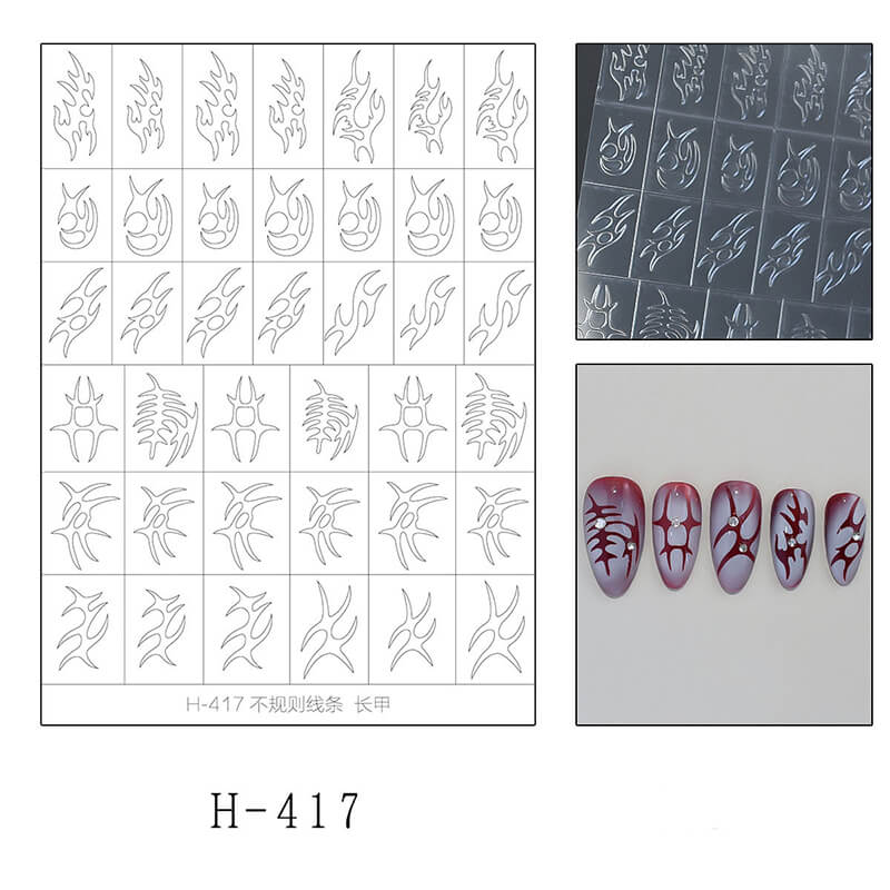 Nail art design sheet with templates and applied designs on nails.