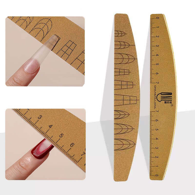 Professional filing technique with measurable nail file ensuring even length across all nails.
