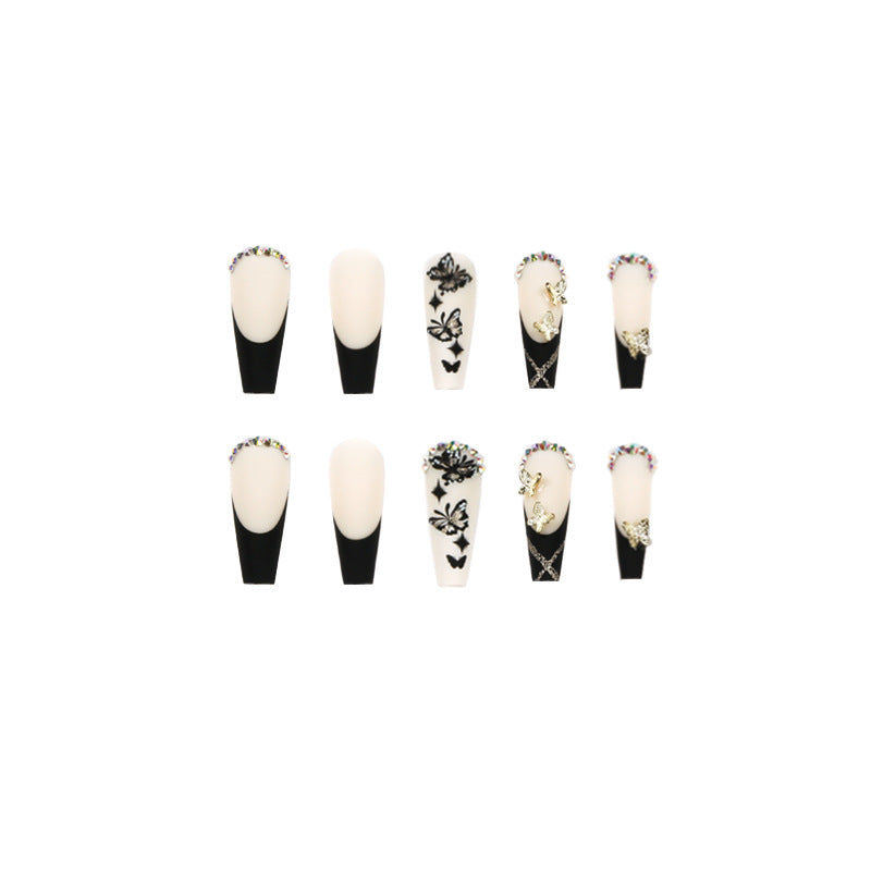 #41 Black French Extra Length Coffin Shape Butterfly Shiny Rhinestone Artificial Nails