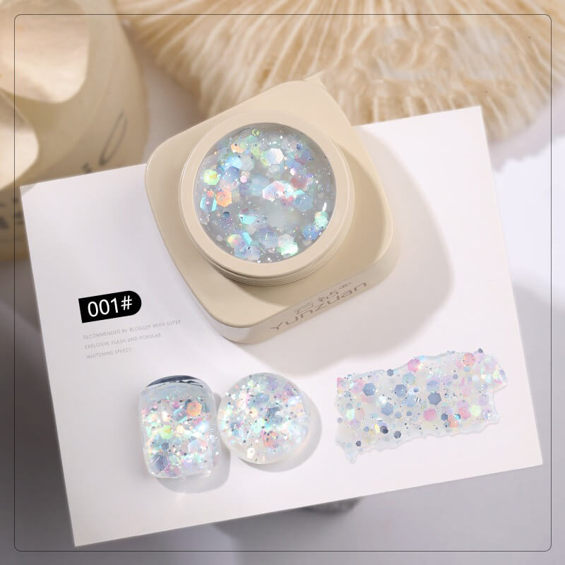 Ultra sparkle glitter gel polish bottle with shimmering holographic particles visible through glass 