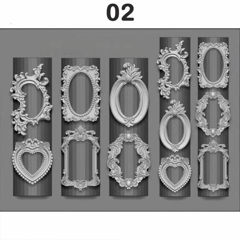 Flexible silicone mold featuring miniature picture frame designs for creating 3D nail charms