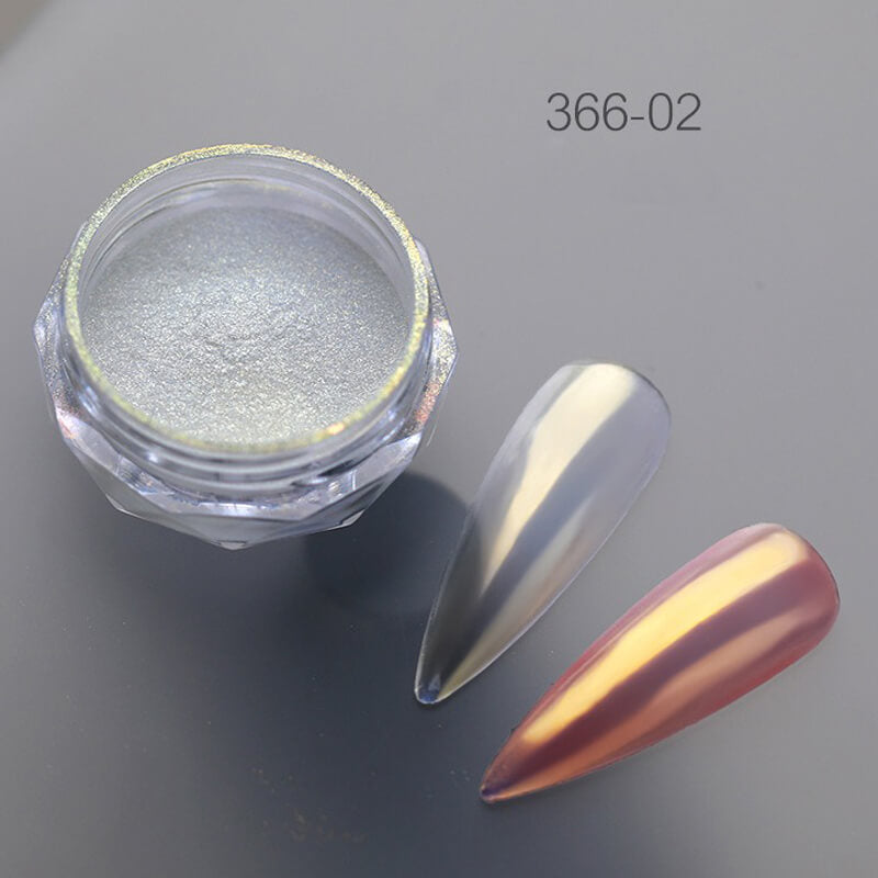  Ultra shine aurora nail powder in clear jar showing iridescent chrome particles