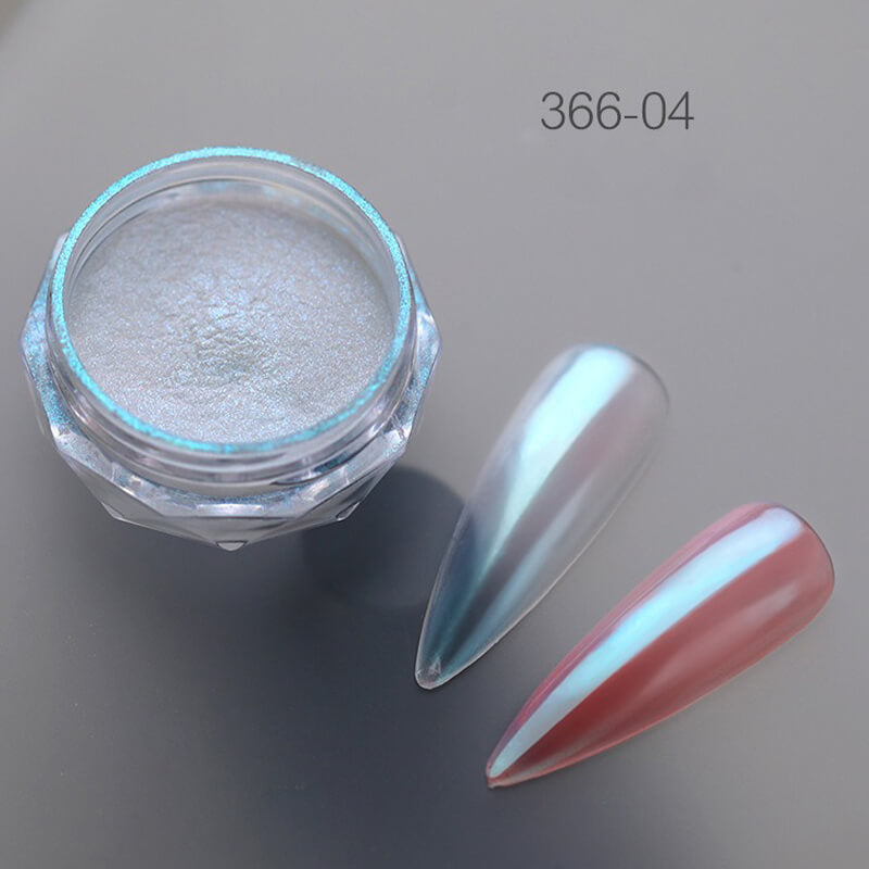 Aurora nail powder showing different colors at different angles—pink, blue, and gold shifts