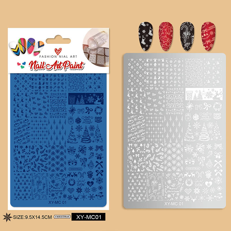 Nail art stencils with Christmas designs on a beige background