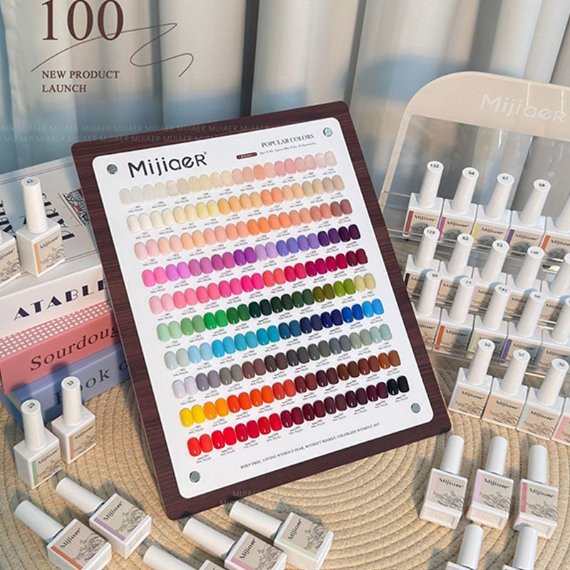 Nail polish set with color chart and multiple bottles on a textured surface