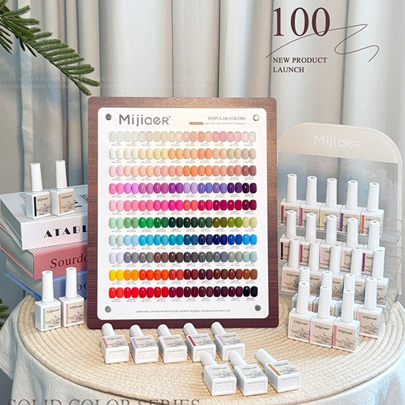 Salon professional 100-color solid gel polish set displayed in bulk bottles.