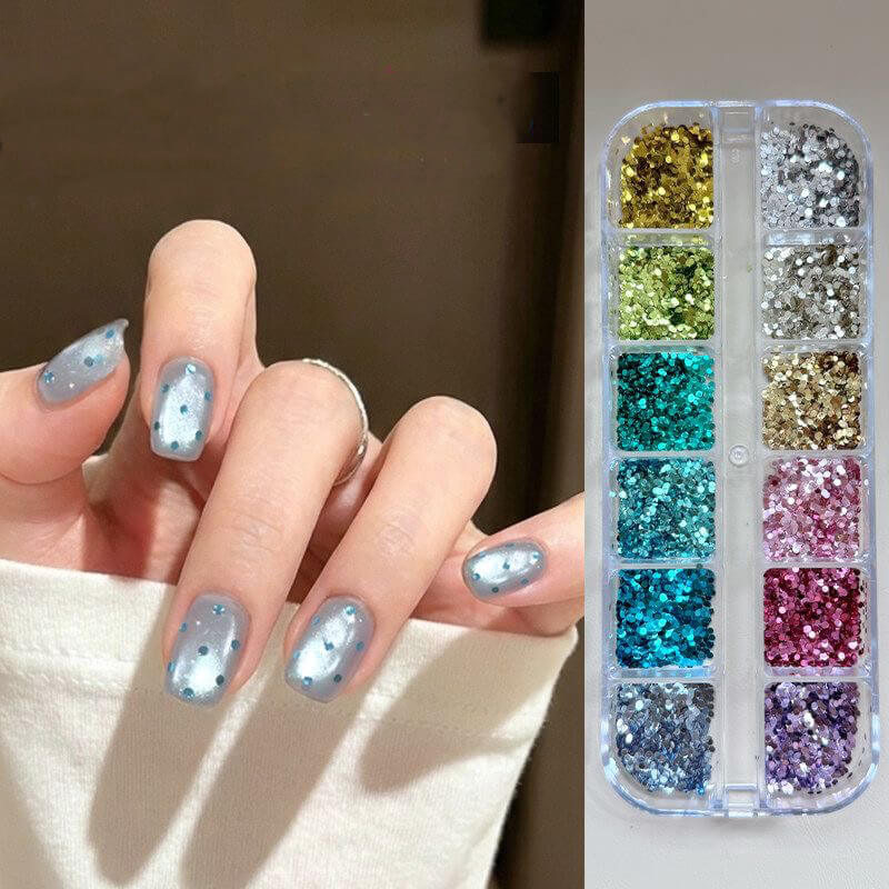 12-compartment box of colorful mini round glitter sequins for nail art