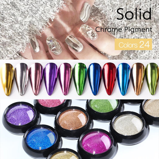A collection of holographic chrome nail powder in various colors displayed on fingernails and in jars.