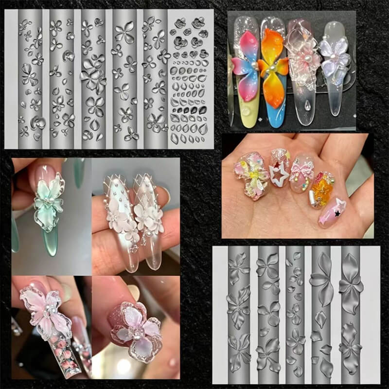 Collage of nail art designs and tools with floral and geometric patterns.