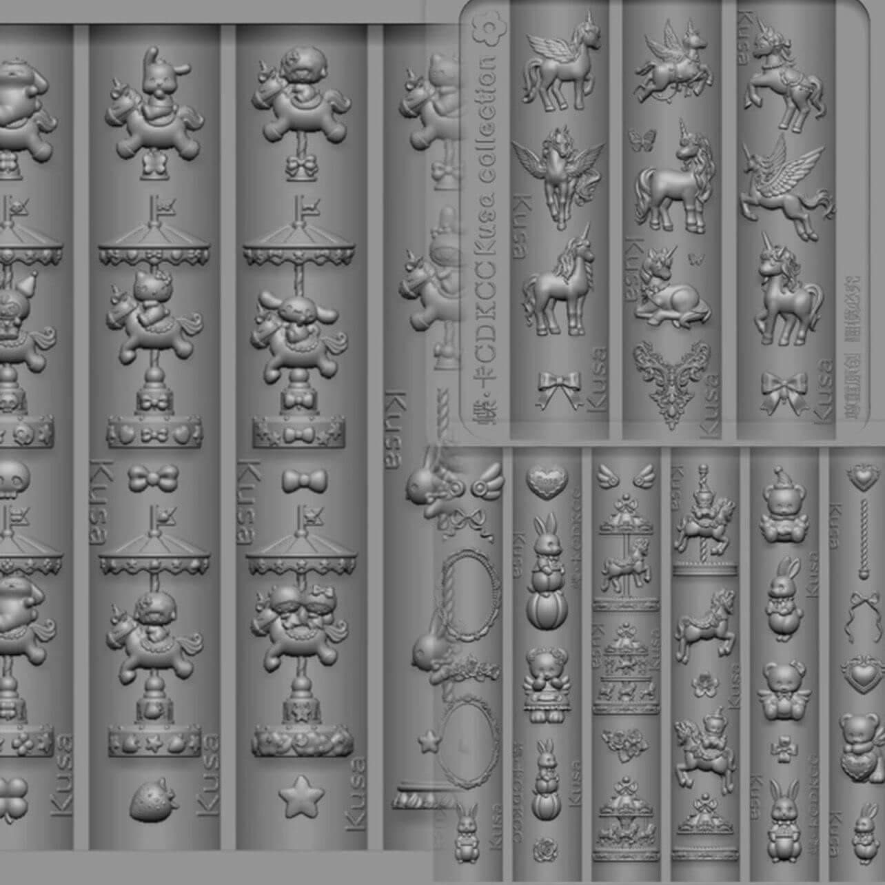 Mold with various animal and decorative shapes on a gray background