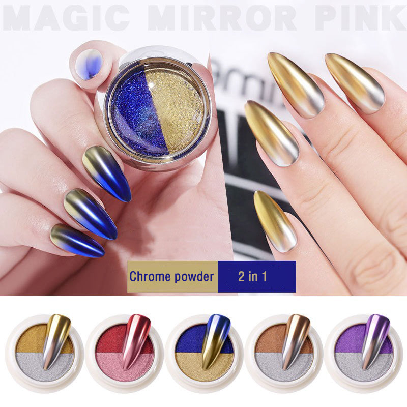 A collection of 2 in 1 solid chrome nail powders in various colors, with a demonstration of the product on fingernails showing the ombre effect.