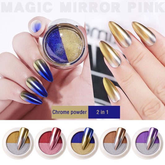 A collection of 2 in 1 solid chrome nail powders in various colors, with a demonstration of the product on fingernails showing the ombre effect.