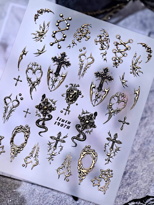 Gothic Nail Stickers – Thorn Heart, Cross & Snake Gold Silver Nail Decals