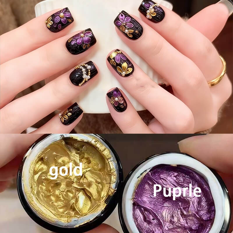 3D metallic no-wipe embossing gel polish—sculpted raised effect nail art gel for dimensional designs.
