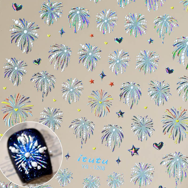 A sheet of nail art stickers with various designs including pearl and fireworks patterns, with a close-up of a sticker applied on a nail.
