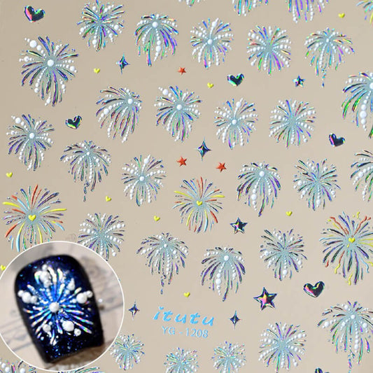 A sheet of nail art stickers with various designs including pearl and fireworks patterns, with a close-up of a sticker applied on a nail.