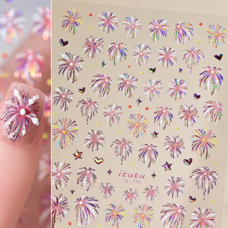 3D embossed pearl fireworks nail art stickers sheet with raised burst patterns in assorted sizes