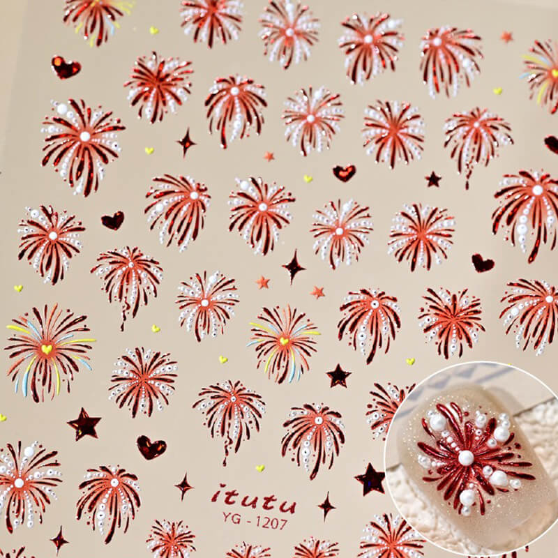 Close-up of pearl fireworks sticker showing raised textured bursts and dimensional details
