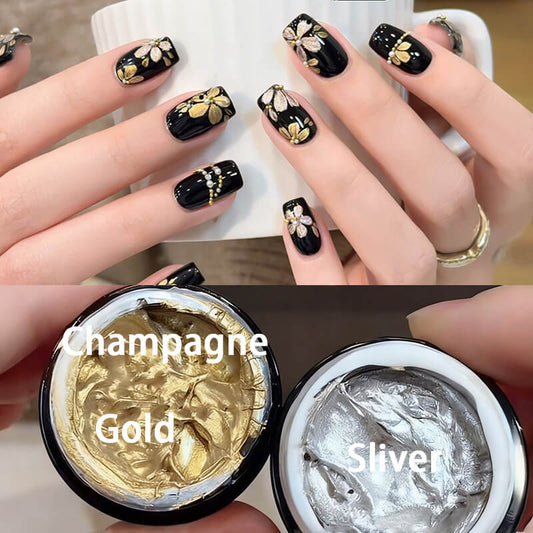 Hand model wearing 3D metallic embossing gel art with raised floral patterns on accent nails.