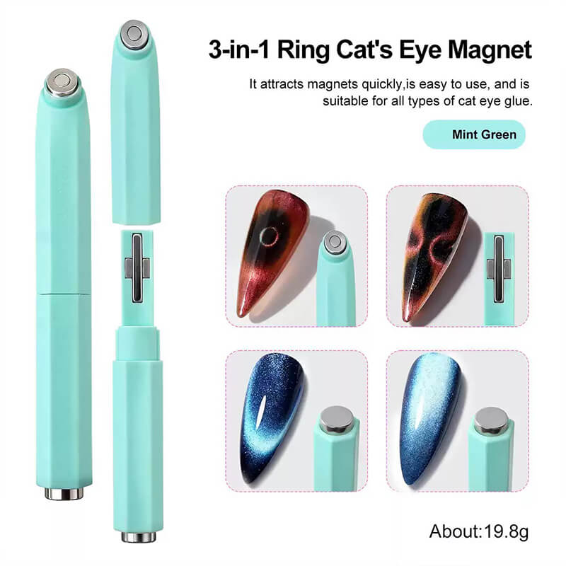 3-in-1 black hole cat eye nail magnet showing three magnetic surfaces on one compact tool