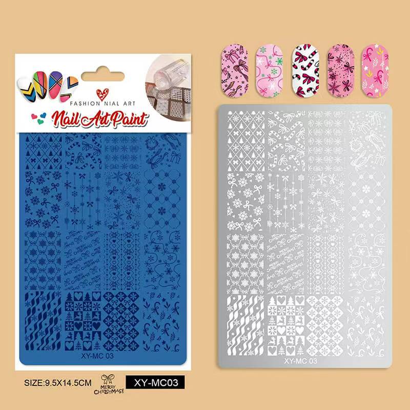 Nail art stencils with packaging on a beige background