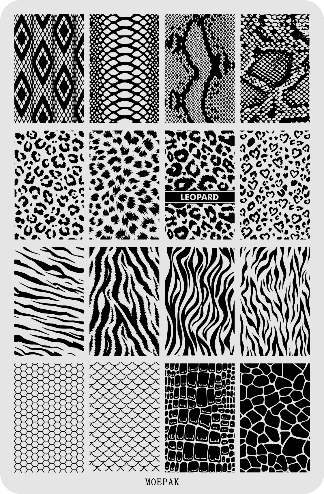 Animal print nail stamping plate featuring leopard, zebra, crocodile, snake and fish scale patterns.
