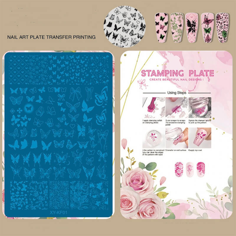 Nail art transfer printing kit with blue stamping plate, butterfly designs, and instructions on a beige background.