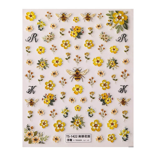 5D flower bee nail art sticker sheet with raised dimensional flowers and bees