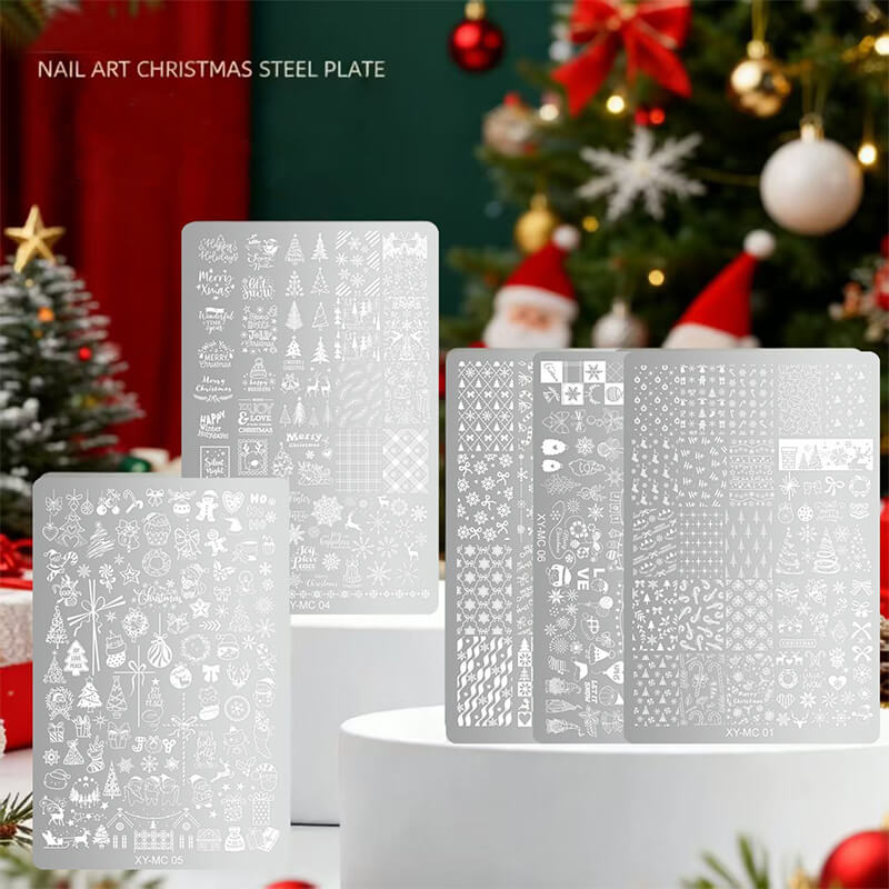 Nail art steel plates with Christmas designs on a stand, decorated Christmas tree in the background