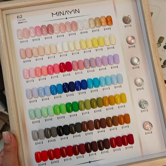 62 nail color chart with various nail polish samples.
