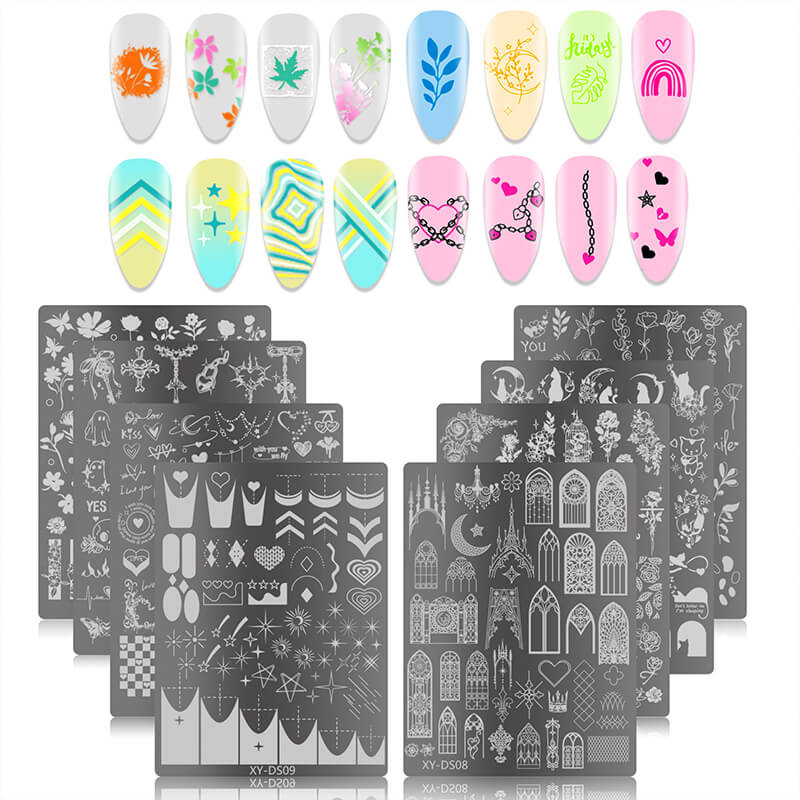 Set of nail art stamping plates with various designs on a white background