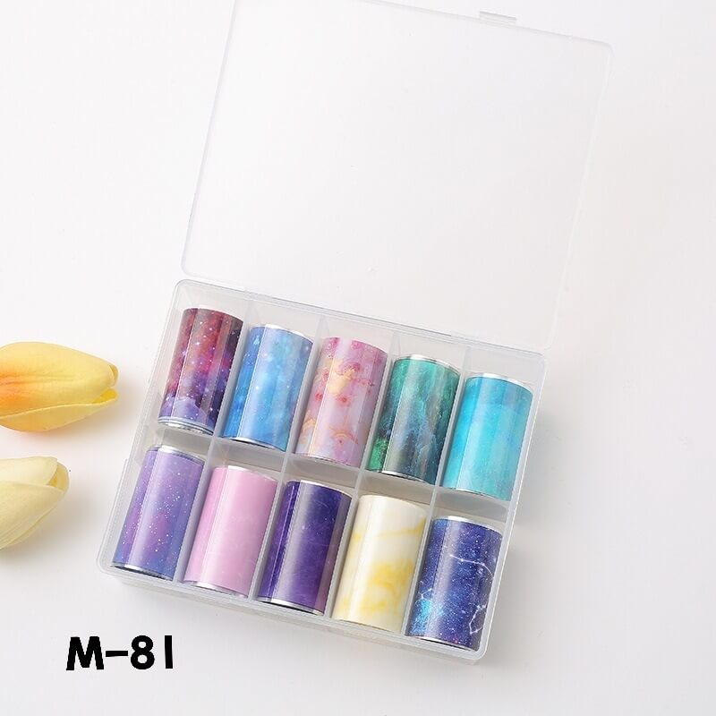  Box of 10 starry sky foil paper rolls, each 4×100cm, showing assorted celestial patterns.