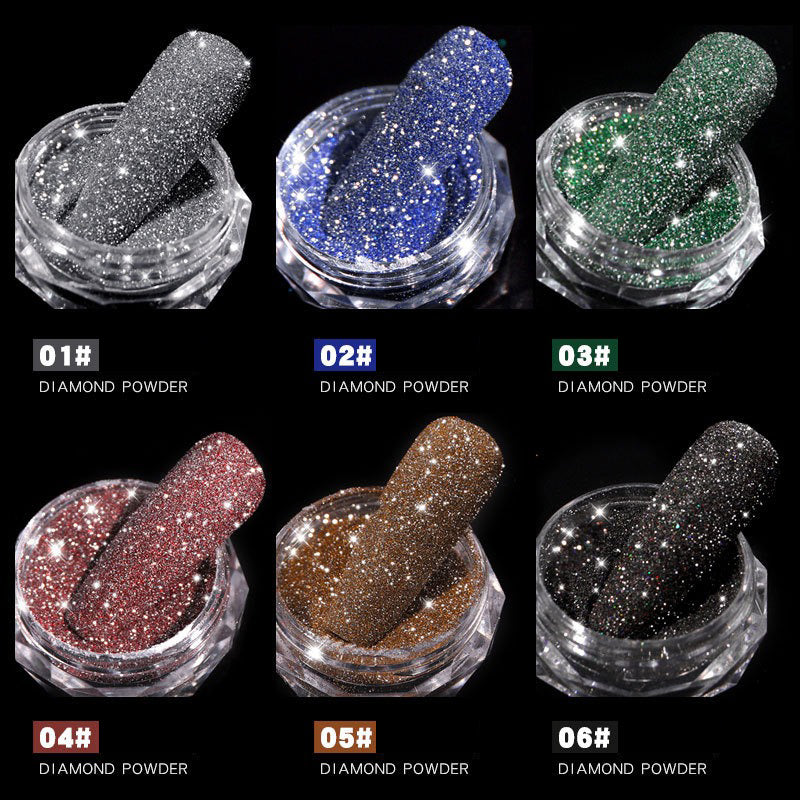 A collection of six nail glitter powder sparkling diamond nail powder containers in various colors, with the numbers 01 to 06 indicating the color number.