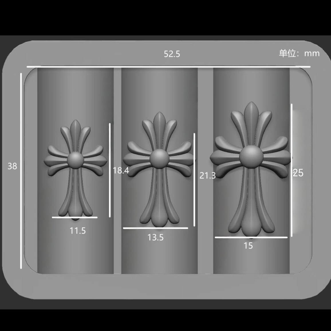 Decorative cross-shaped mold with measurements on a gray background