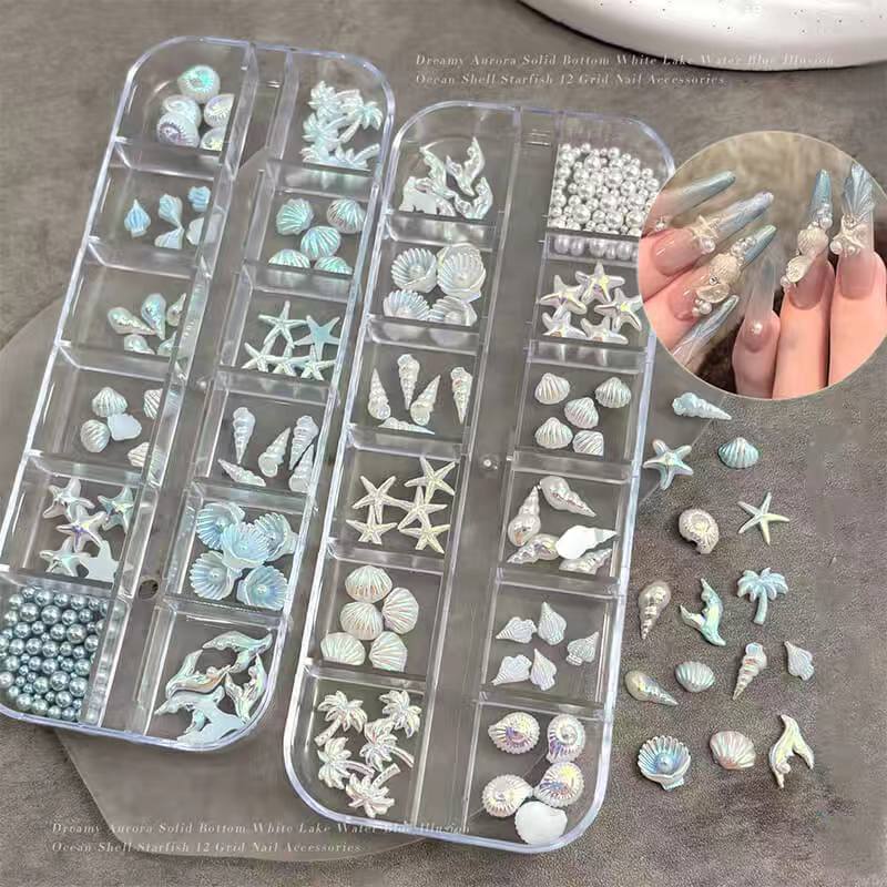 Ocean-themed nail charms featuring starfish, seashell and conch designs