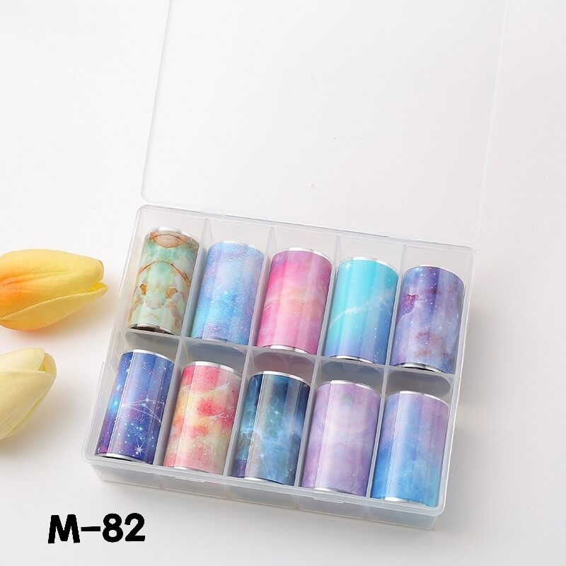 Nail art foil paper set—10 rolls of starry sky designs including stars and galaxies.