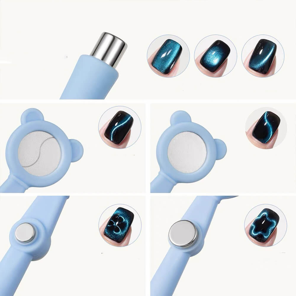 A collage showing a light blue magnetic nail art tool from multiple angles, including a close-up of the metal tip, the circular mirror head, and circular inset photos of nails decorated with blue and black magnetic ink.