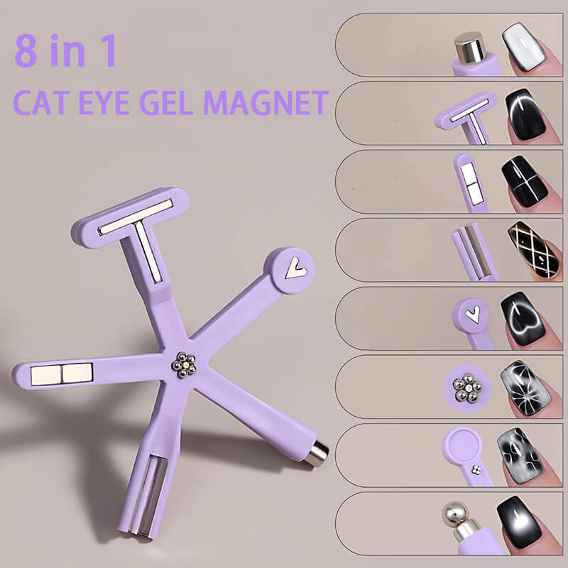 Purple 8-in-1 cat eye gel magnet tool with nail art designs on a beige background