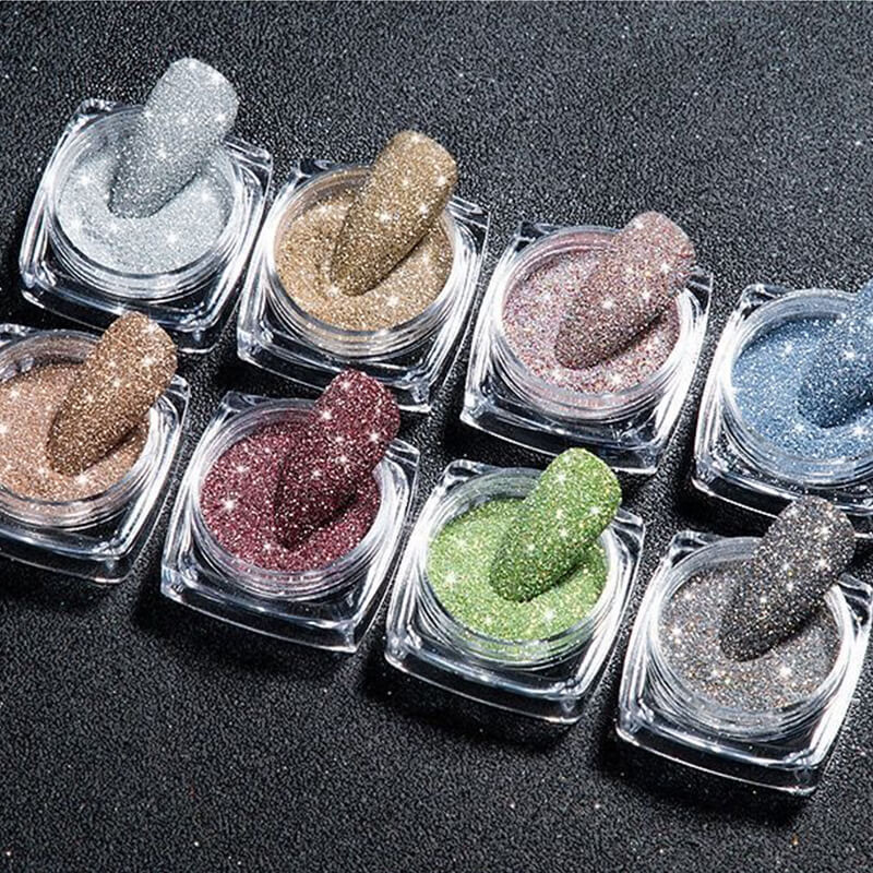 8 pcs diamond nail glitter set with eight reflective powders in individual jars