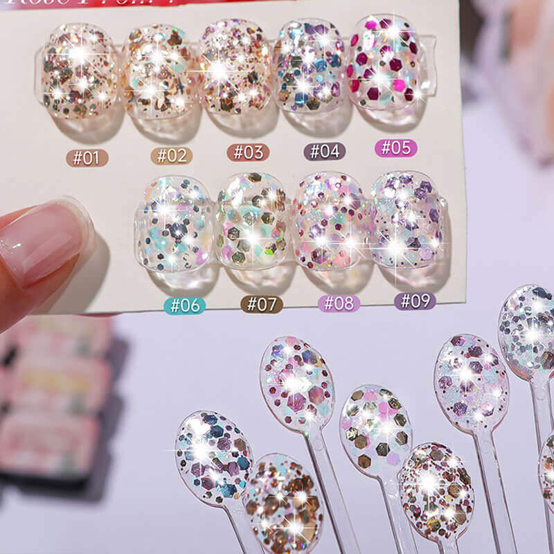 Complete nail art gel set featuring 9 different glitter colors in one palette.