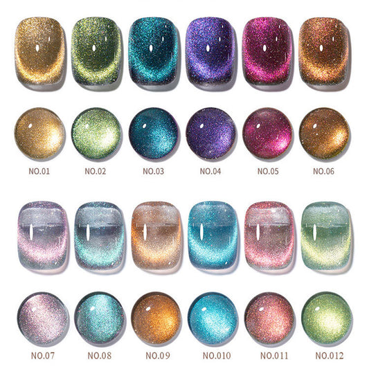 A collection of nail gel polish colors with a shiny, dazzling effect, including various shades of green, blue, purple, red, and brown.