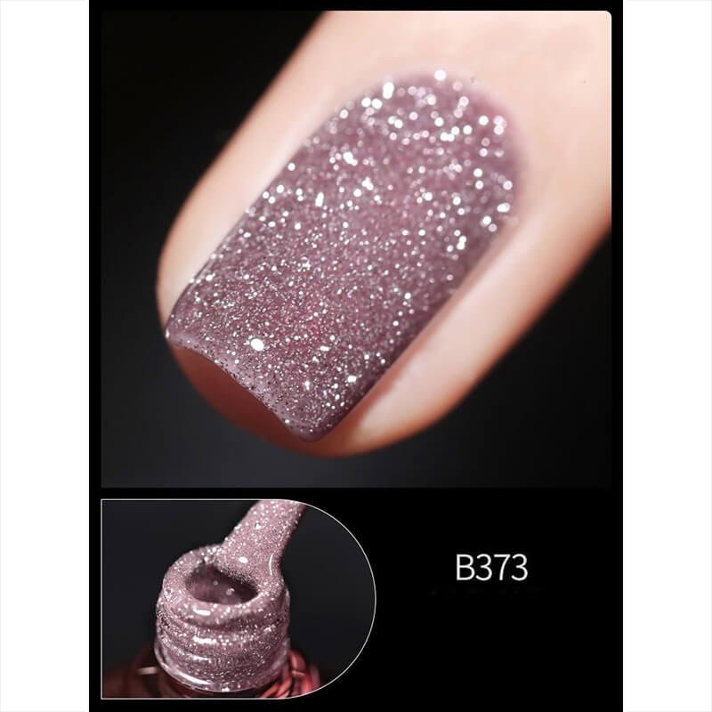 Close-up of a glittery purple nail polish with a bottle cap in the corner.