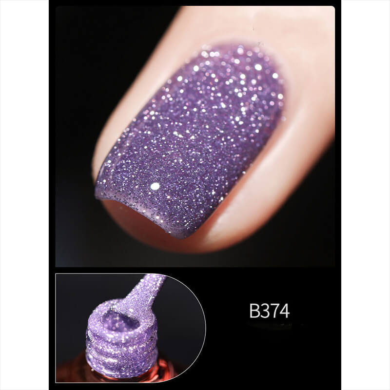 Close-up of a purple glittery nail polish with a bottle of the polish below.