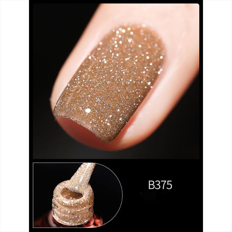 Close-up of a glittery nail polish with a bottle cap in the corner, labeled B375.