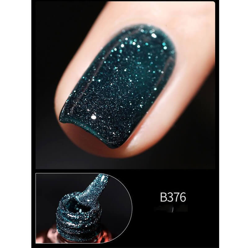 Close-up of a dark glittery nail polish on a nail with a smaller inset showing the polish bottle.